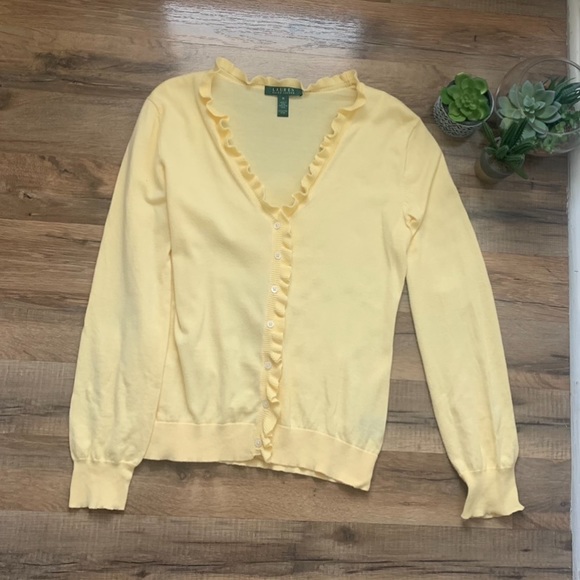 Lauren Ralph Lauren Sweaters - Lauren Ralph Lauren Yellow Ruffle Cardigan     Size-M  100%Cotton